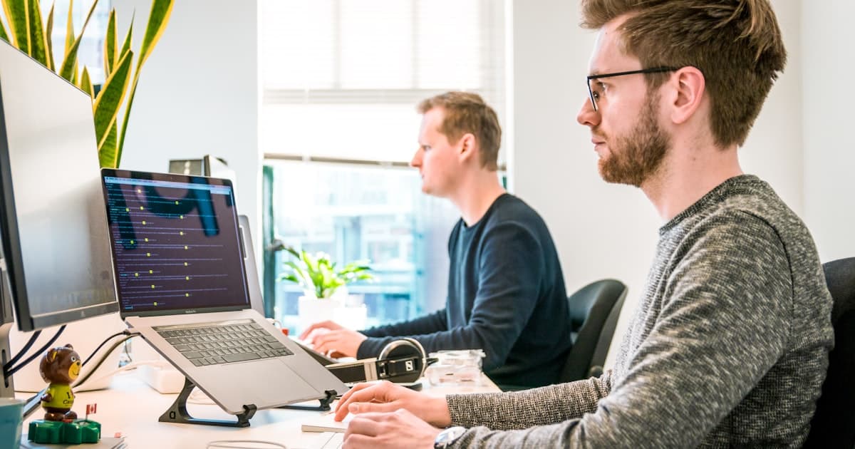 Office scene with development team working together